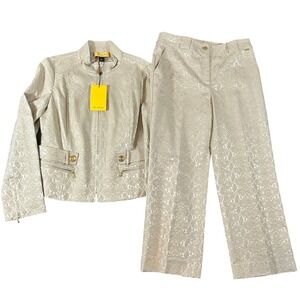 St John Womens Suit Set Ivory Blazer Pants Beige Snake Print Metallic Size 8 NWT